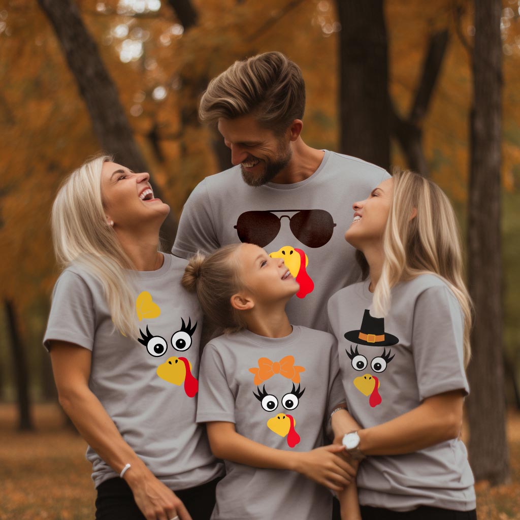 Turkey Faces - Grey Thanksgiving Group / Family T-Shirts - Adult Unisex Size