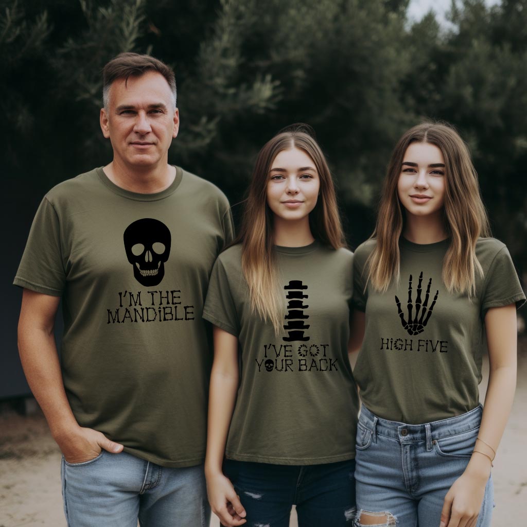 Skeleton Group / Family Military Green Halloween T-Shirts