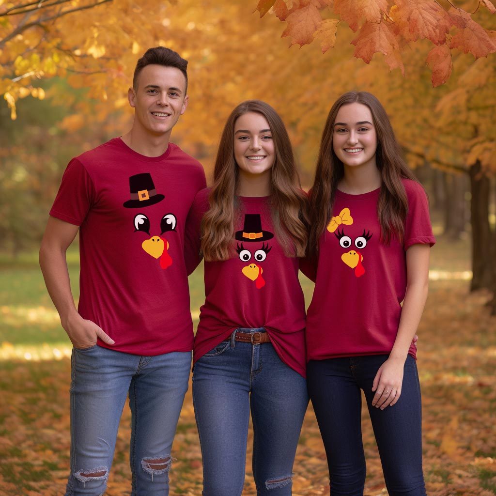 Turkey Faces - Red Thanksgiving Group / Family T-Shirts - Adult Unisex Size