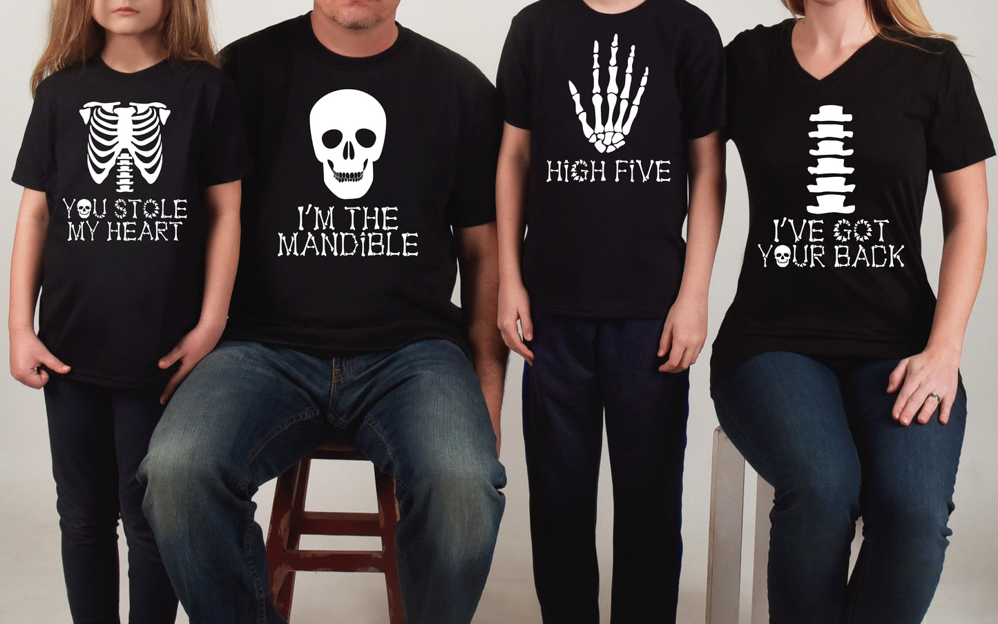 Skeleton Group / Family Black Halloween T-Shirts
