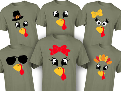 Turkey Faces - Military Green Thanksgiving Group / Family T-Shirts - Adult Unisex Size