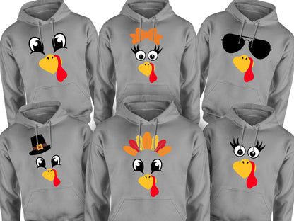 Turkey Faces - Grey Thanksgiving Group / Family Hoodies - Adult Unisex Size