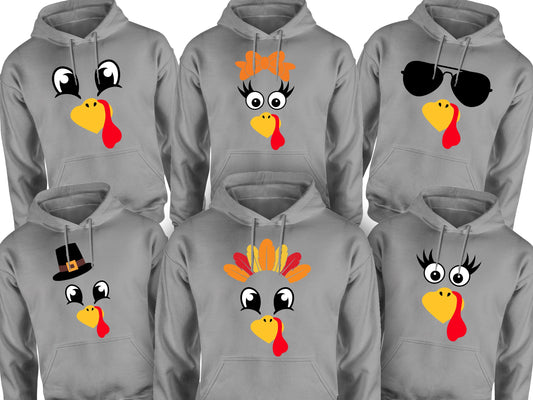 Turkey Faces - Grey Thanksgiving Group / Family Hoodies - Adult Unisex Size