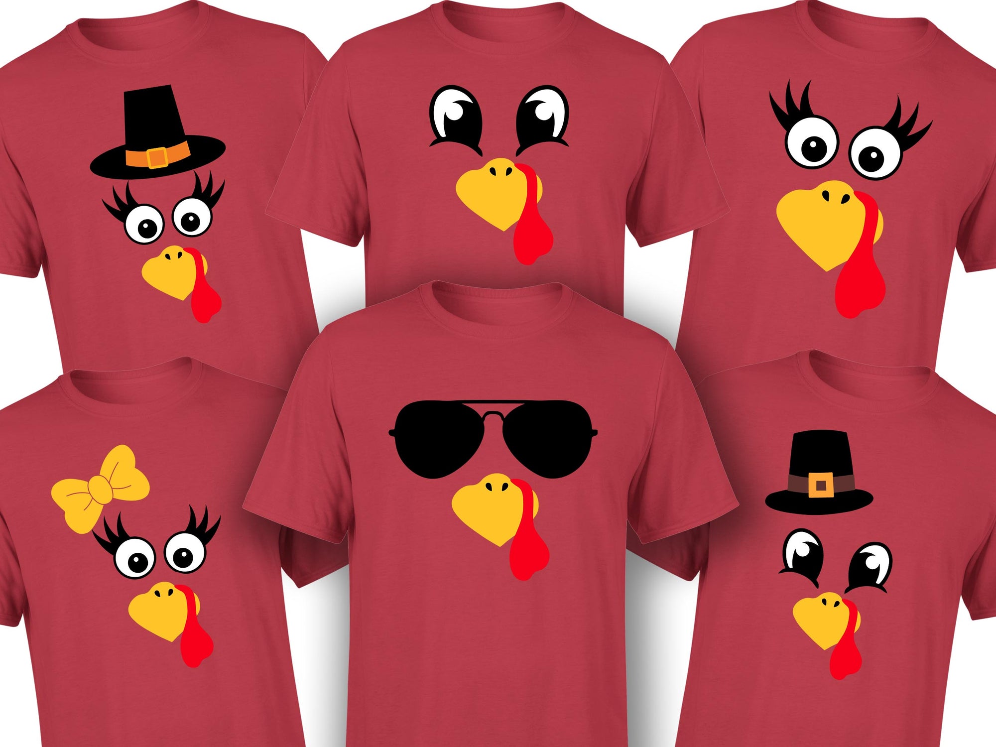 Turkey Faces - Red Thanksgiving Group / Family T-Shirts - Adult Unisex Size