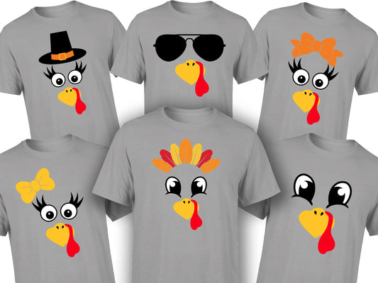 Turkey Faces - Grey Thanksgiving Group / Family T-Shirts - Adult Unisex Size