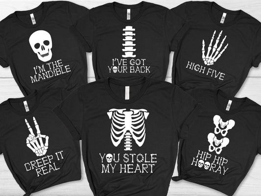 Skeleton Group / Family Black Halloween T-Shirts