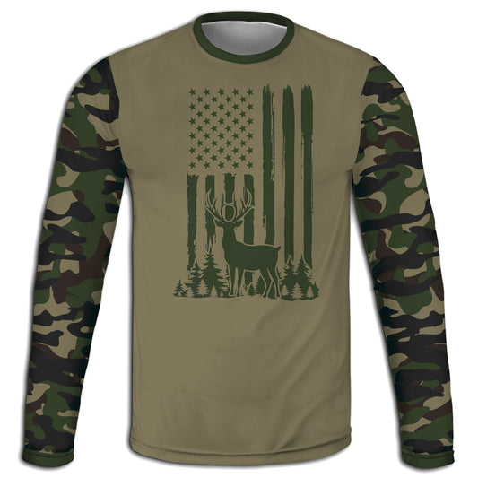 Men's Buck Hunter and American Flag Army Camo Hoodie / T-Shirt / Long Sleeve Tee / Pullover / Sweatshirt