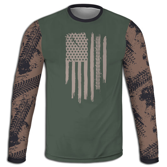 Men's Green American Flag & Tire Tracks Hoodie / T-Shirt / Long Sleeve Tee / Pullover / Sweatshirt