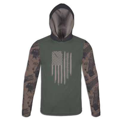 Men's Green American Flag & Tire Tracks Hoodie / T-Shirt / Long Sleeve Tee / Pullover / Sweatshirt