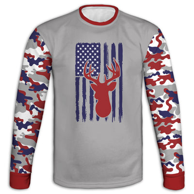 Men's Deer and USA Flag Red White & Blue Camo Hoodie / T-Shirt / Long Sleeve Tee / Pullover / Sweatshirt