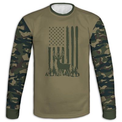 Men's Buck Hunter and American Flag Army Camo Hoodie / T-Shirt / Long Sleeve Tee / Pullover / Sweatshirt