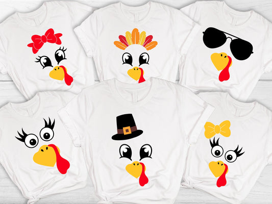 Turkey Faces - White Thanksgiving Group / Family T-Shirts - Adult Unisex Size